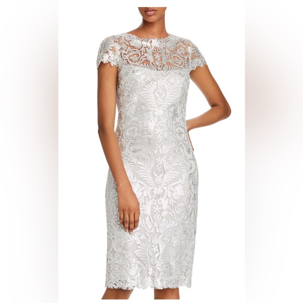 NWT Tadashi Shoji silver beaded sequined Dress Size 14
